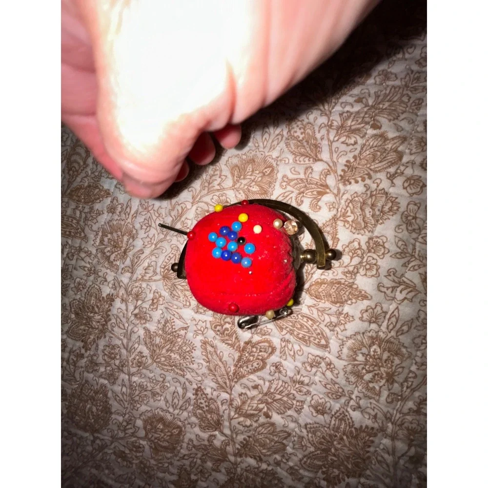 Vintage Red Tomato Pin Cushion Brass Swivel Frame Sewing Notion with Pins